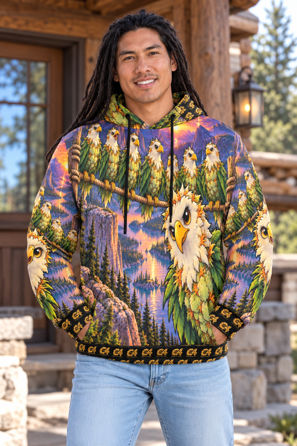 Flower-Fowl Colorado Mountain Weedgle Men's All Over Print Hoodie (Model H61) modeled lifestyle image