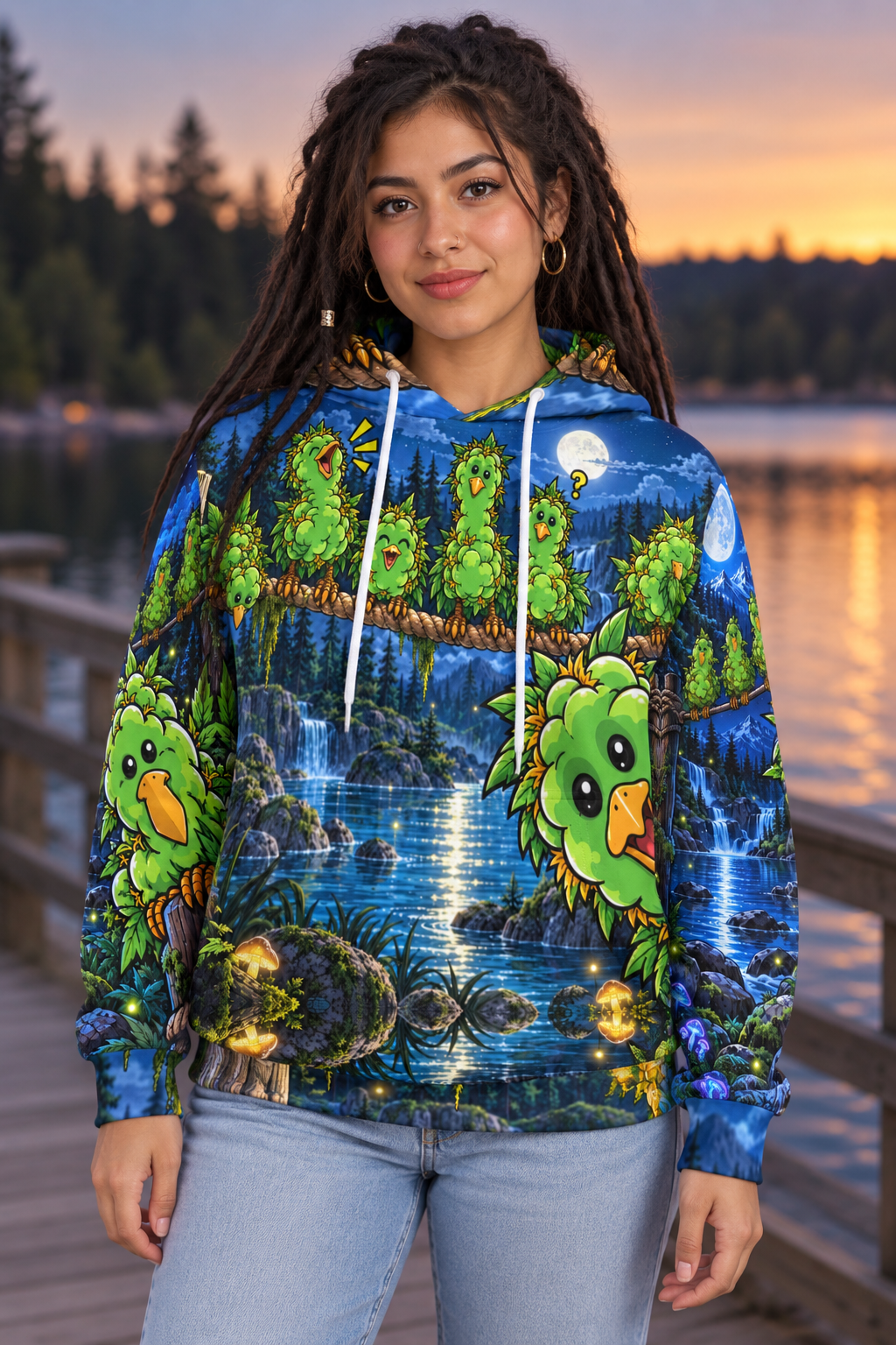 Weedegion chicks bluemoon over the river Men's All Over Print Hoodie (Model H61) modeled lifestyle image