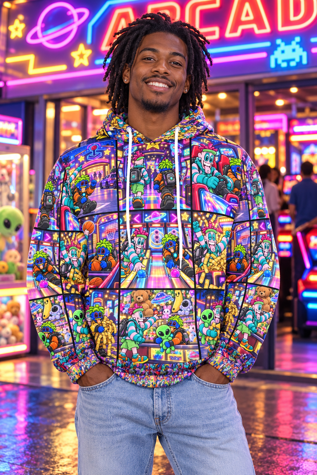 Day in the life Arcade Day Men's All Over Print Hoodie (Model H61) modeled lifestyle image