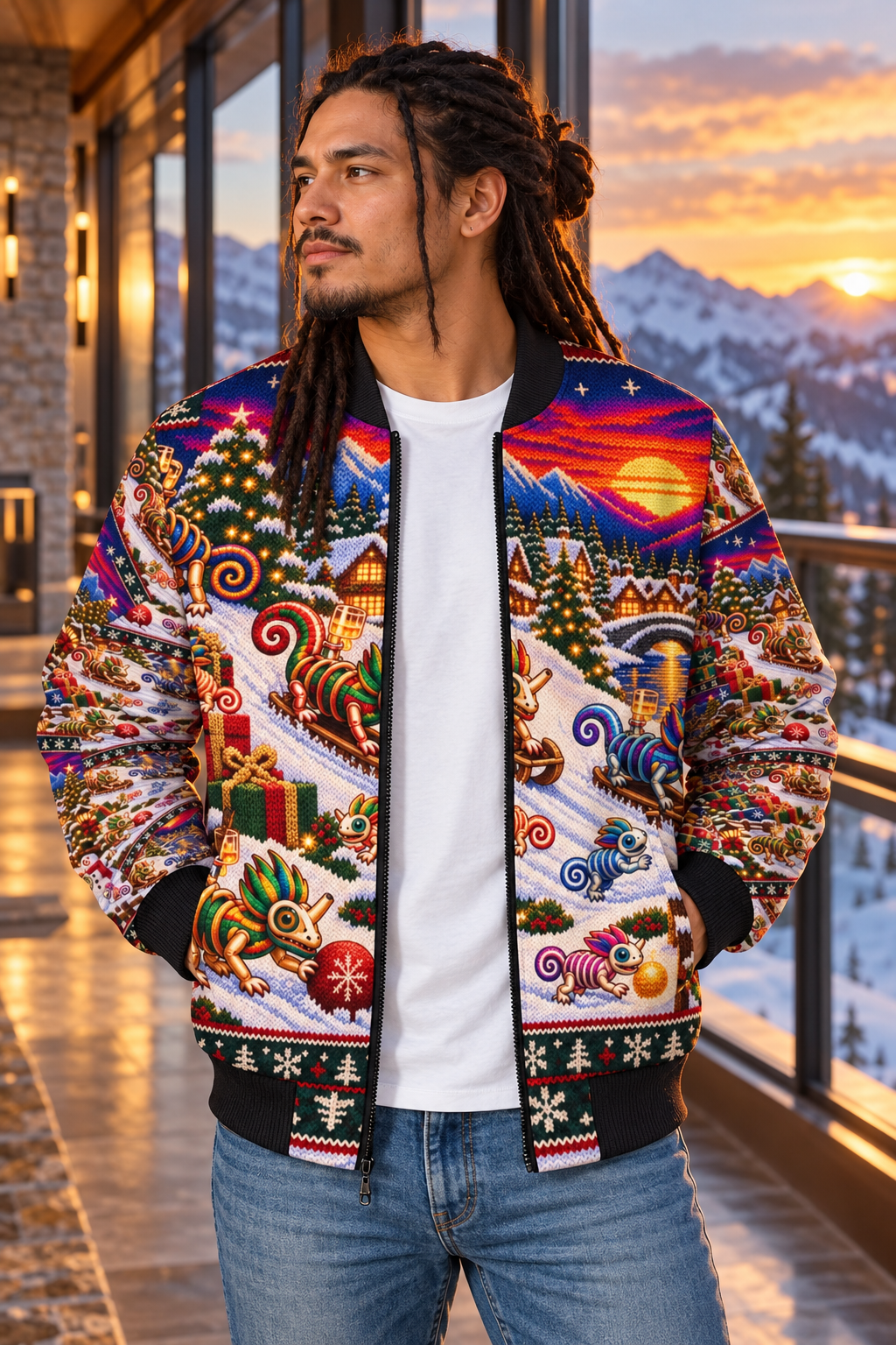 HAG Ugly christmas Bomber v2 art Men's Casual Zip‑Up Bomber Jacket modeled lifestyle image