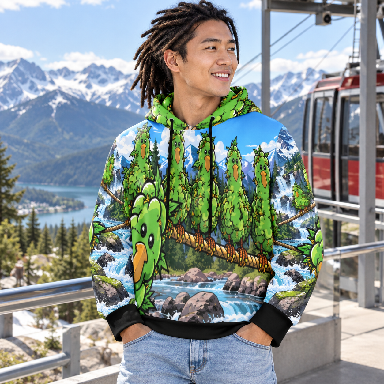 Weedegion chicks Mountain birds Men's All Over Print Hoodie (Model H61) modeled lifestyle image