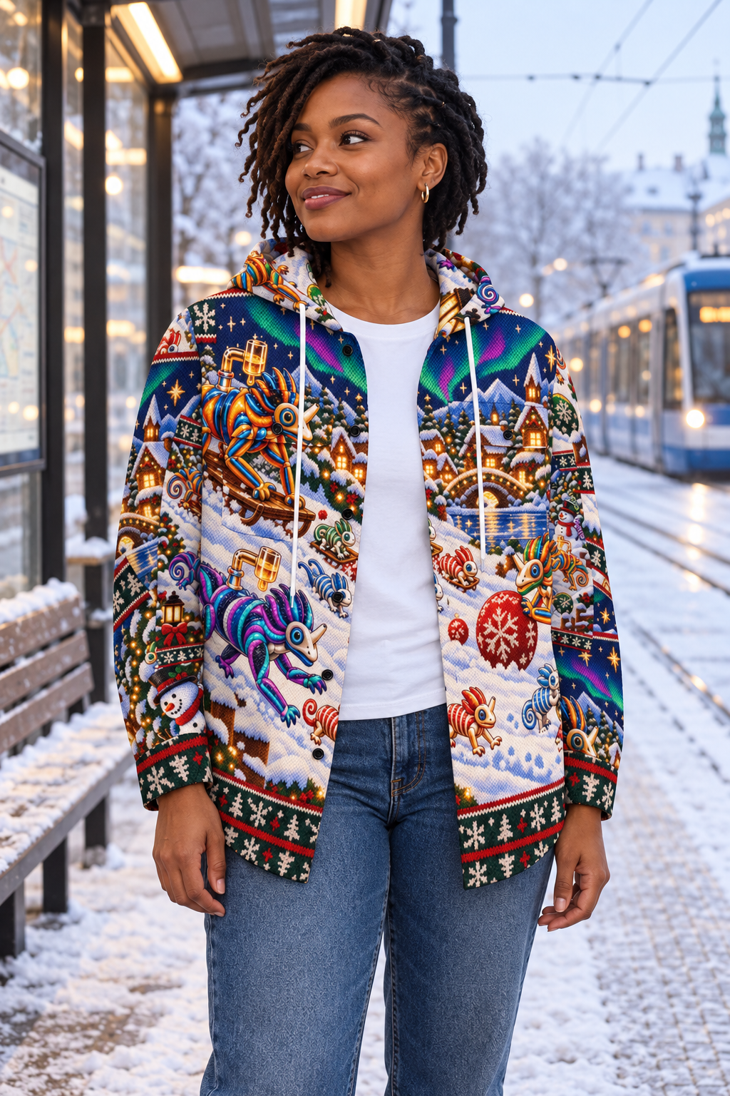 HAG Ugly Sweater V4 Aurora Downhill Roll Men's Long‑Sleeve Hooded Shirt Jacket modeled lifestyle image