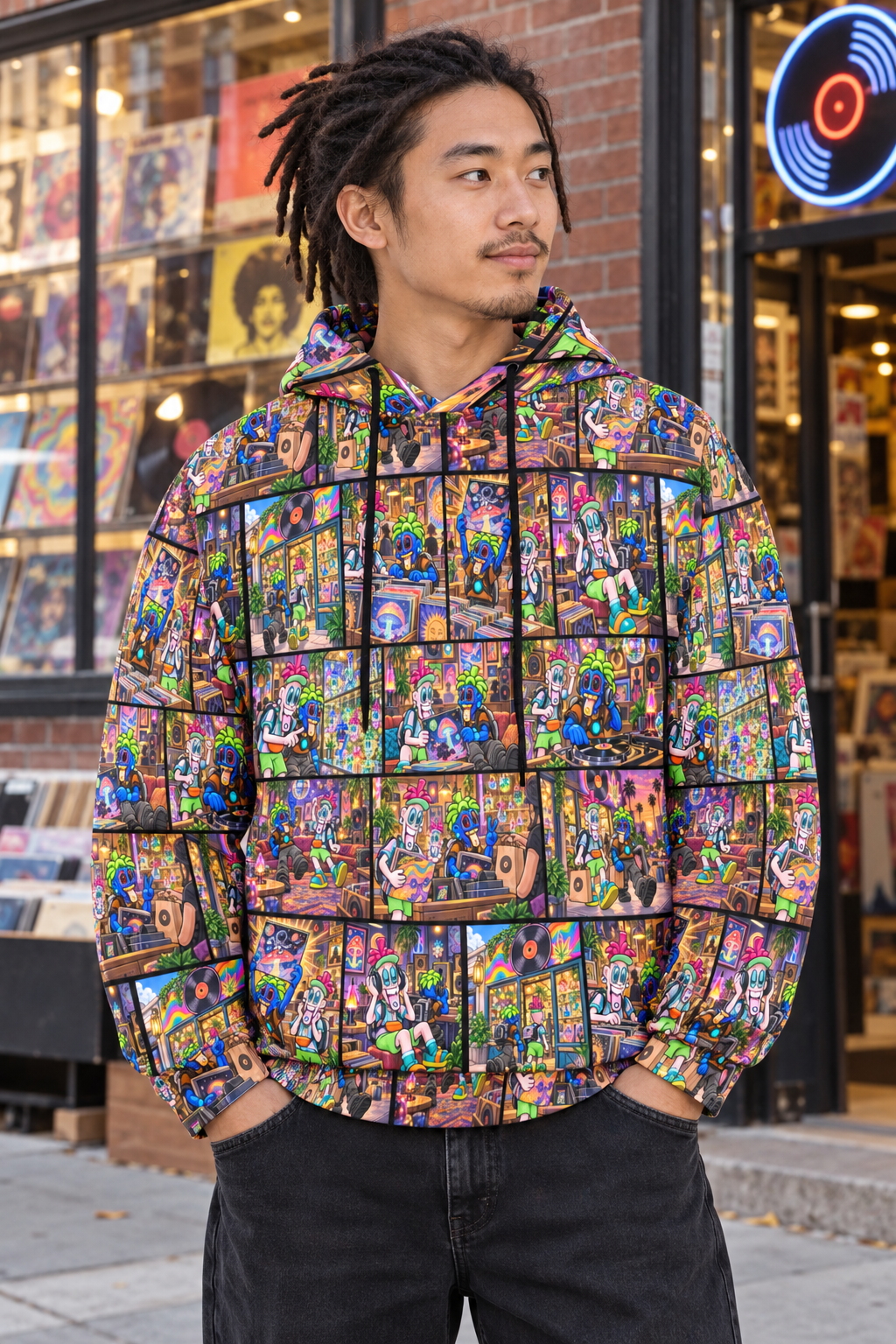 Day in the life S1 Record Shopping Master run Men's All Over Print Hoodie (Model modeled lifestyle image