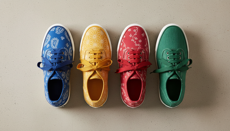 Top-down view of four canvas derby sneakers arranged in a neat row