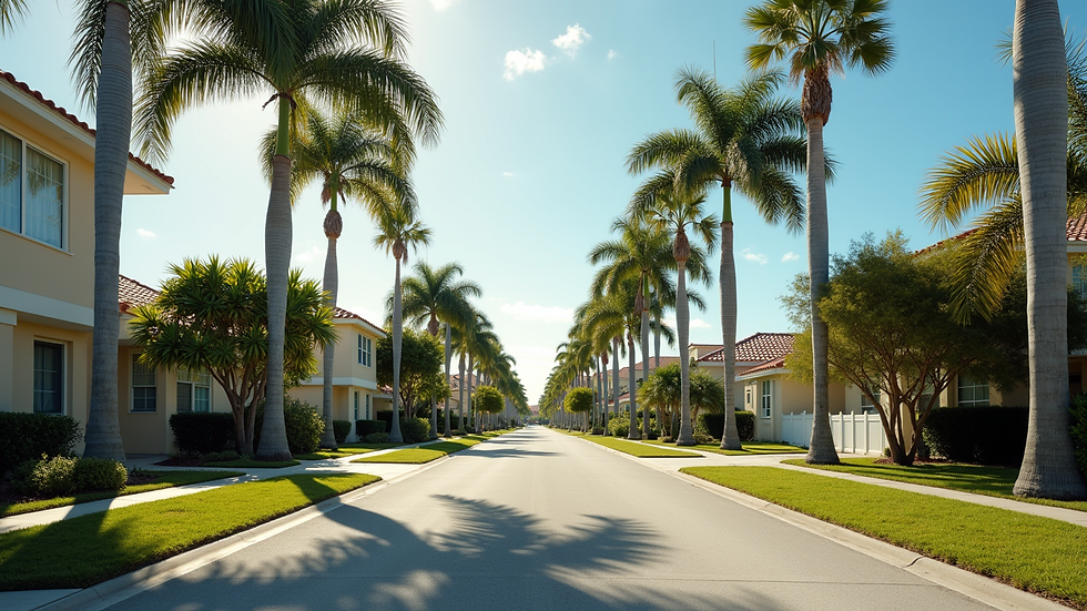 Wide angle view of a quiet residential street in Clearwater with palm trees