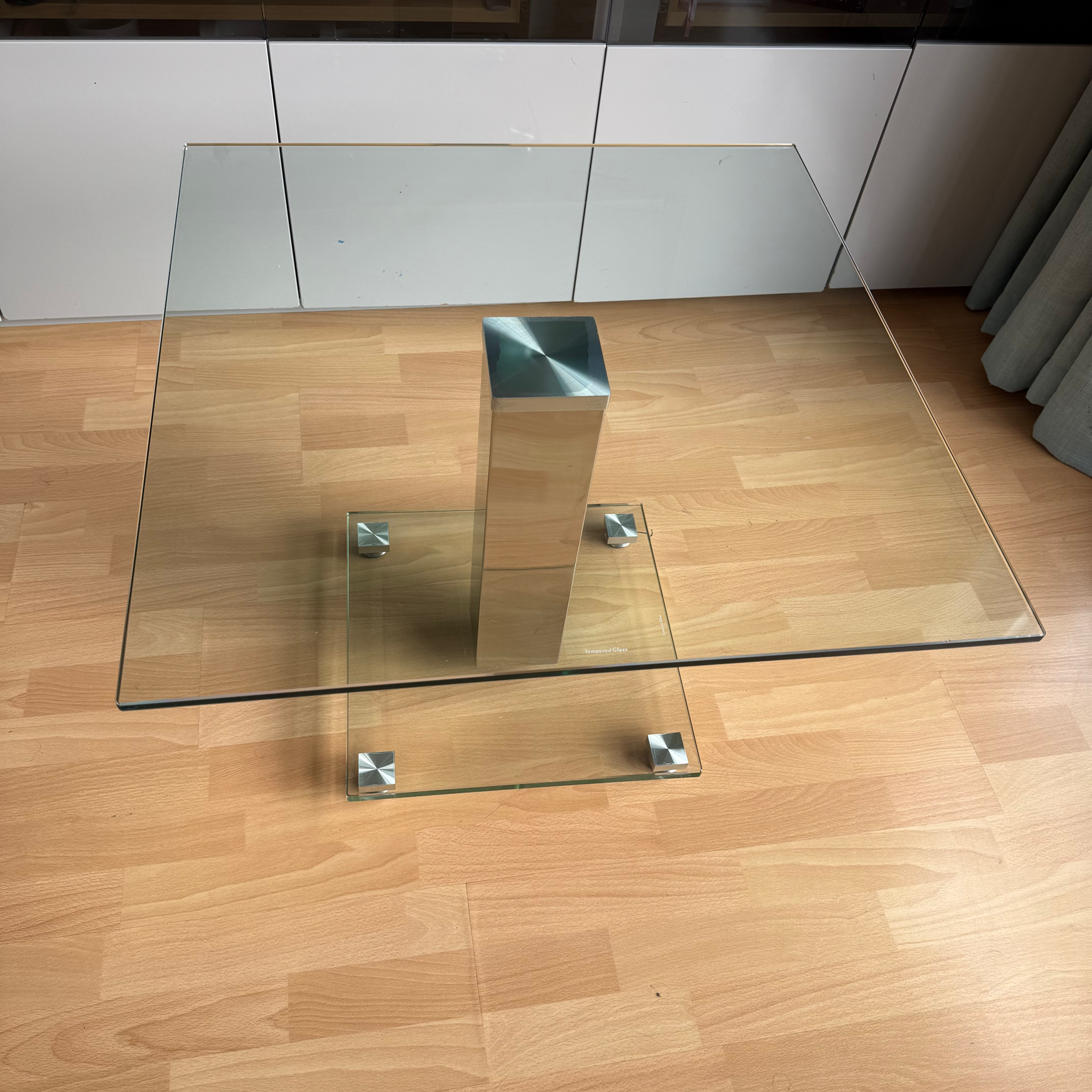 Clear Glass Lamp or coffee Table With Chrome Support, in good condition. 