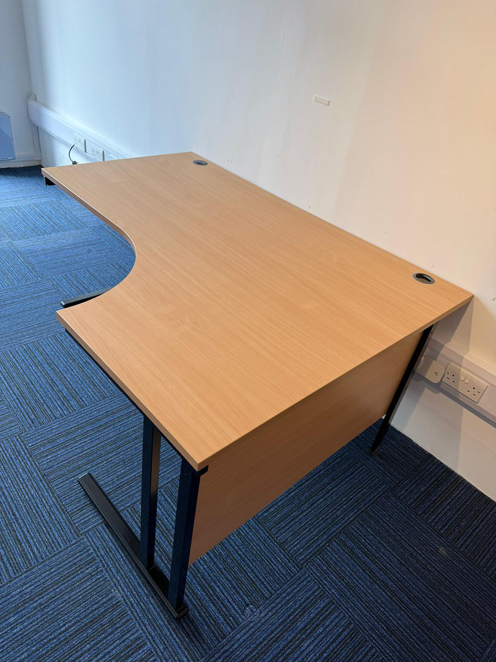 Thumbnail: Oak RH Radial modern corner office desk, in good condition. 