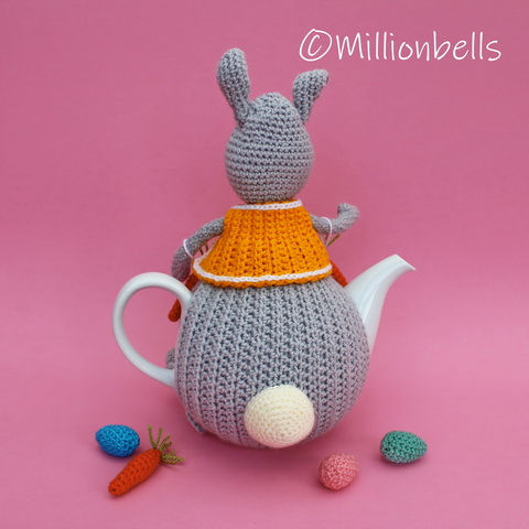 Thumbnail: Back side crocheted tea cosy Easter bunny