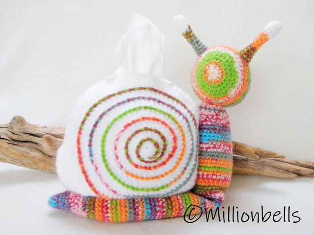 Thumbnail: Colorful crocheted snail tissue holder