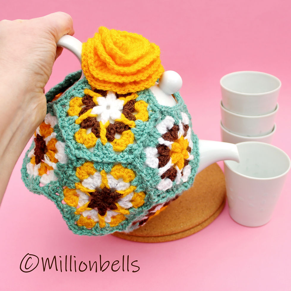 Thumbnail: Pouring tea with teapot coverd in crochet hexagon shaped tea cosy