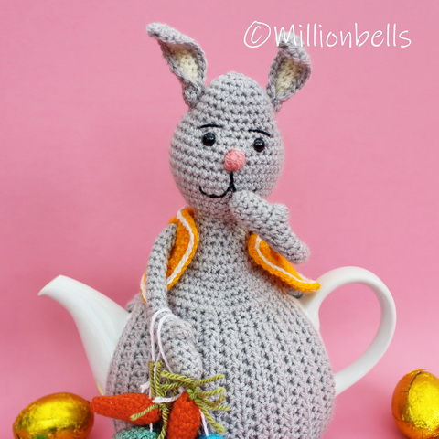 Thumbnail: Close up Easter bunny crocheted tea cosy