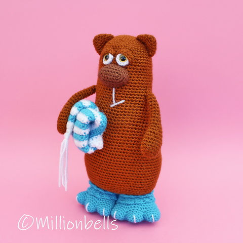 Thumbnail: Crochet bear in slippers, holding his night cap under his arm