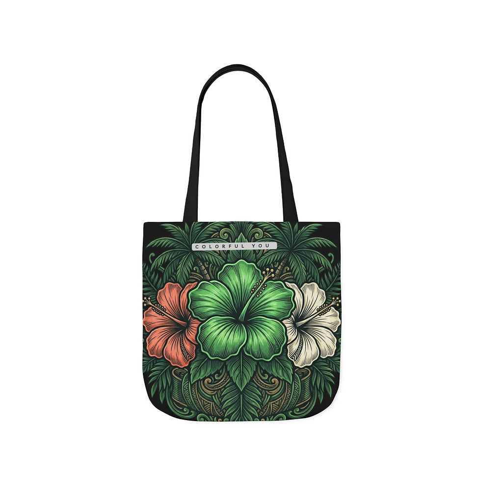 Thumbnail: Tote Bag — Tropical Hibiscus Trio Canvas Tote (Green, Coral & Cream)