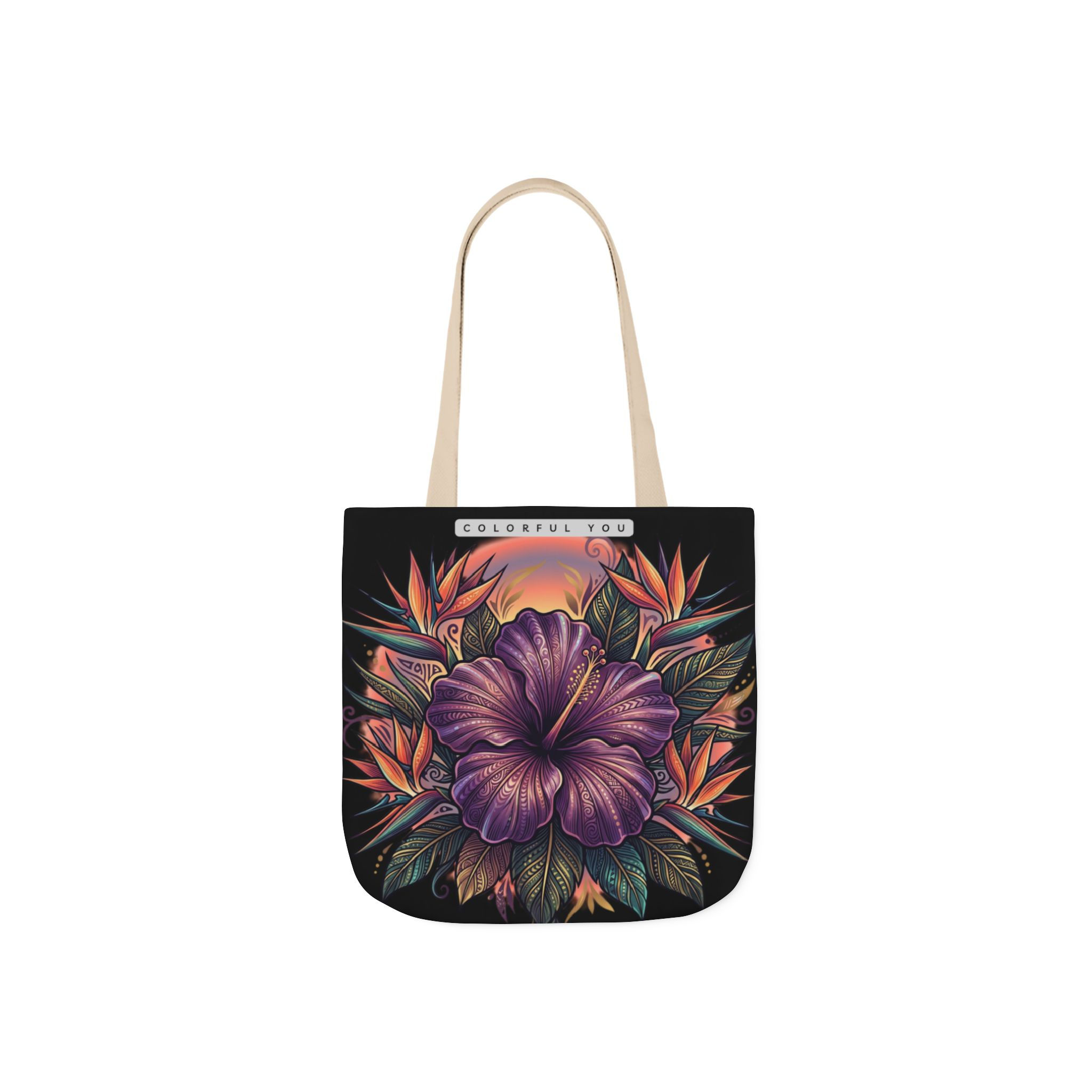 Floral Hibiscus Canvas Tote Bag — Tropical Sunset Flower Market Bag