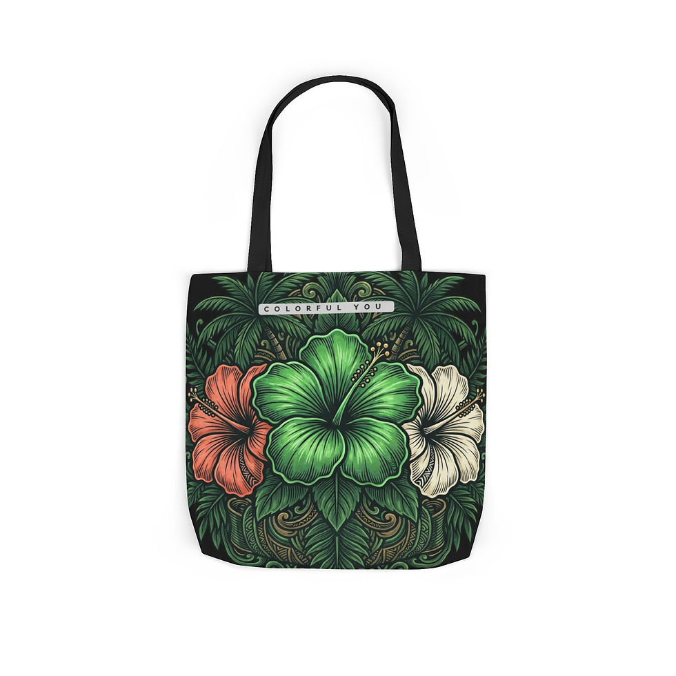 Thumbnail: Tote Bag — Tropical Hibiscus Trio Canvas Tote (Green, Coral & Cream)