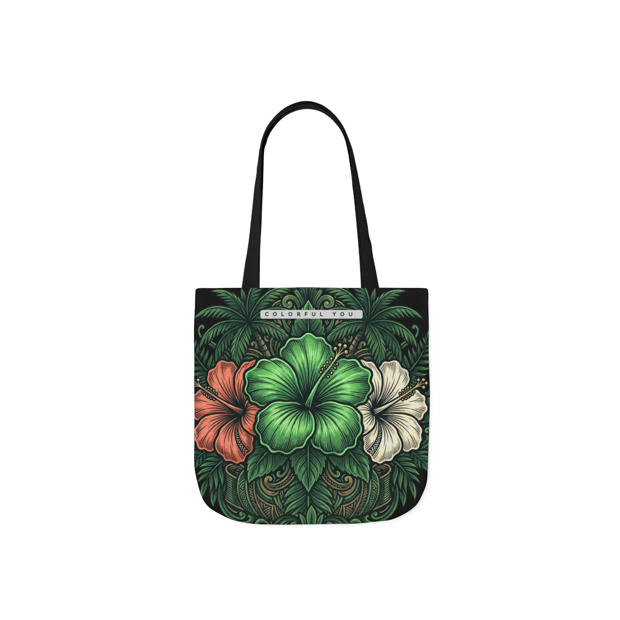 Tote Bag — Tropical Hibiscus Trio Canvas Tote (Green, Coral & Cream)