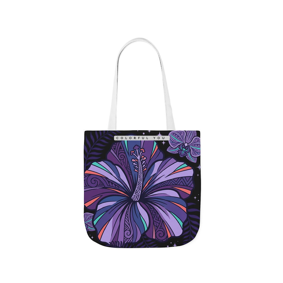 Thumbnail: Purple Hibiscus Floral Canvas Tote Bag — Colorful Boho Beach & Market Bag