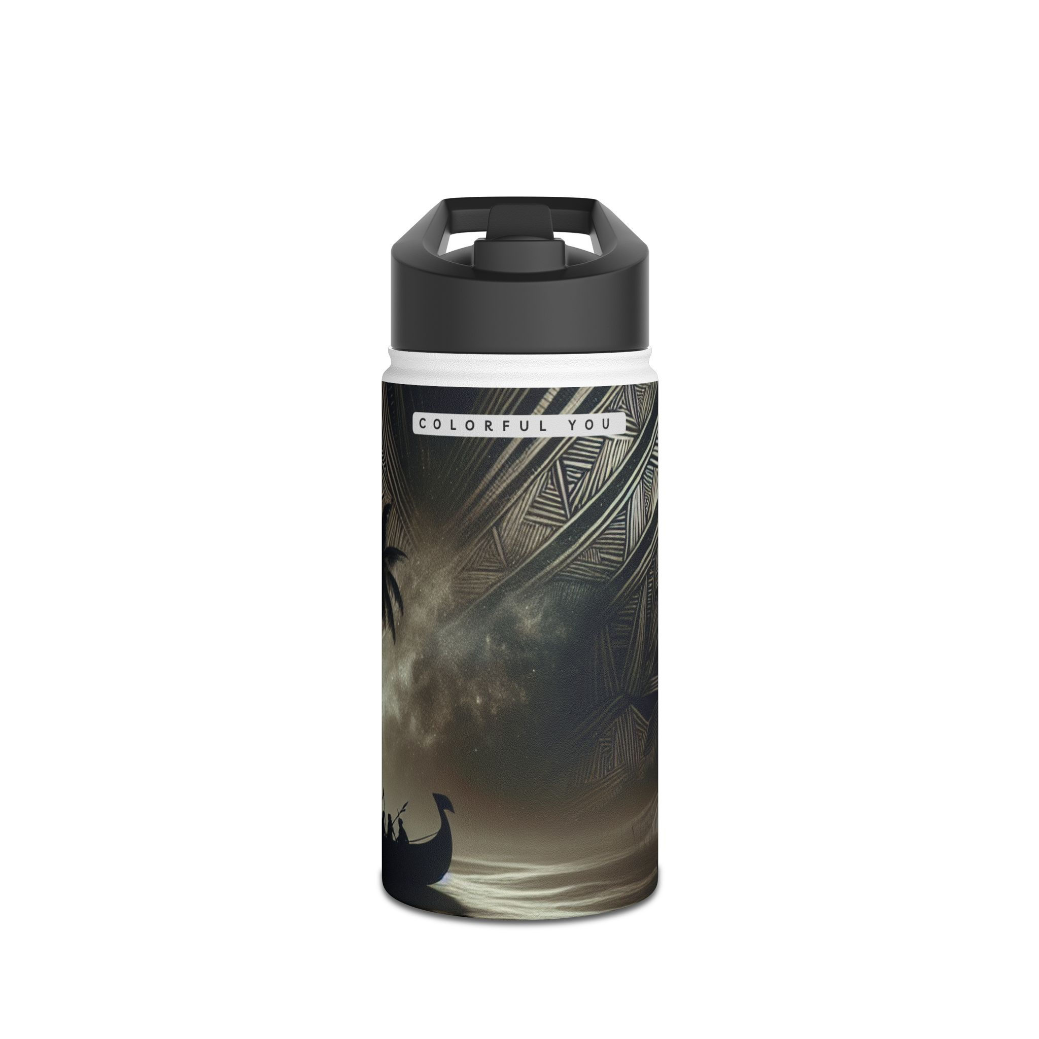 Sunset Stainless Steel Water Bottle — Tropical Palms & Canoe Design
