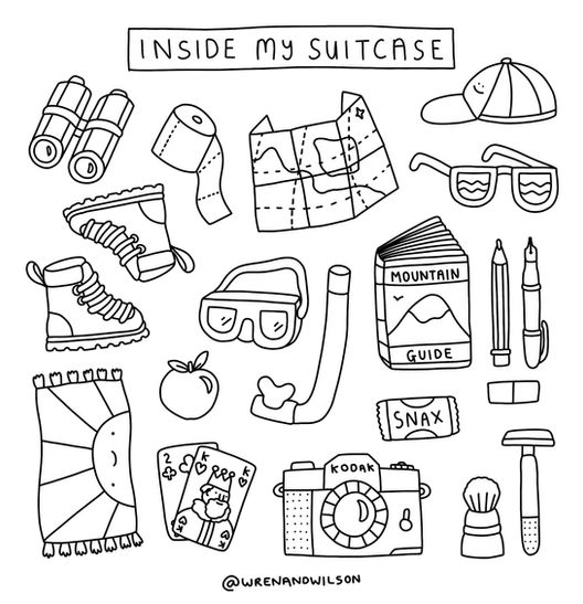 Line art of items in suitcase by Wren & Wilson