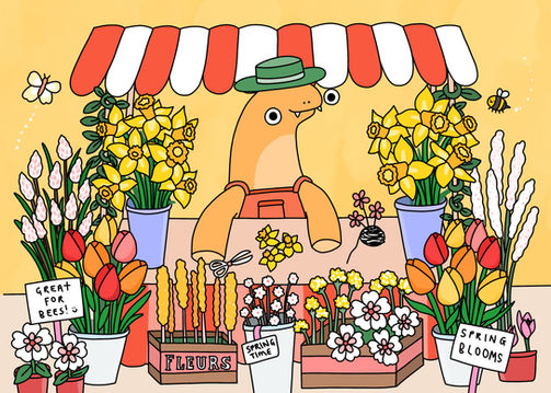 dinosaur illustration at a flower market stall