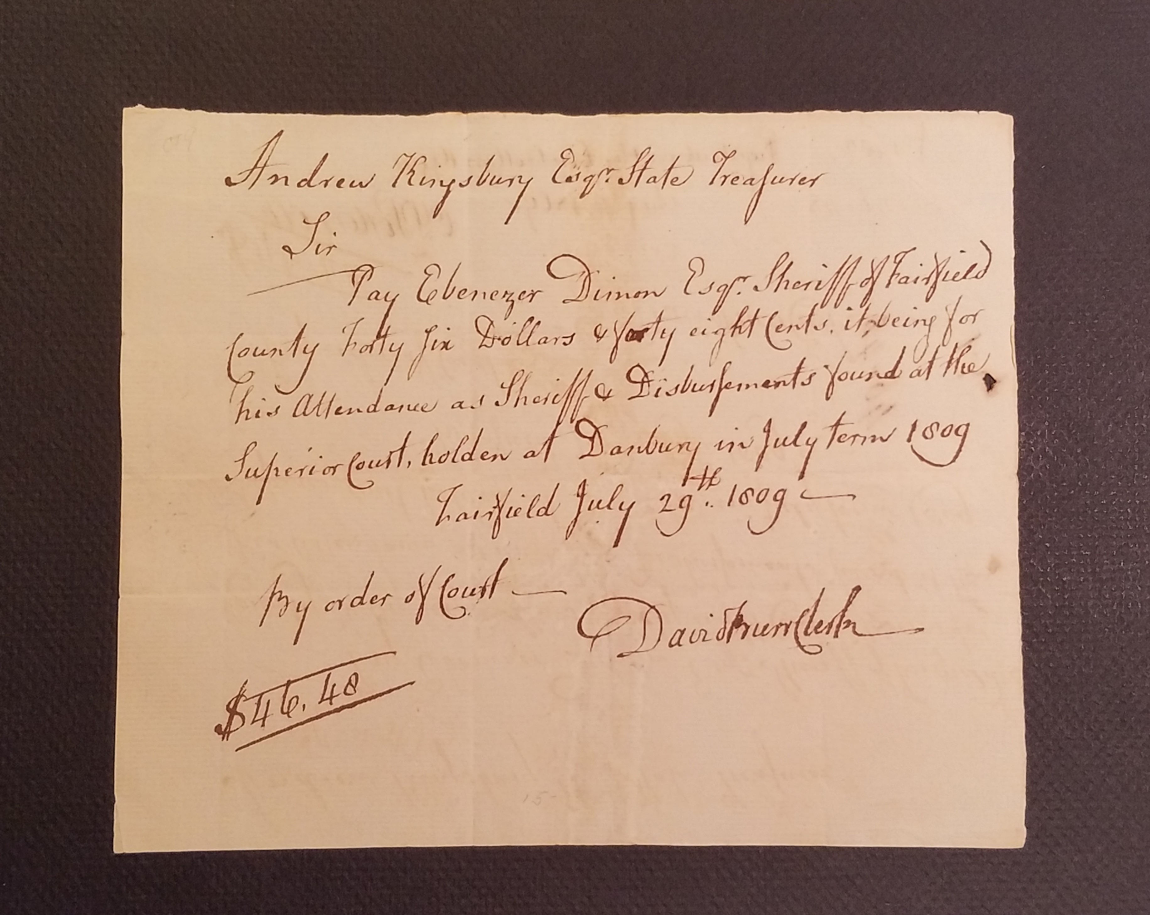 July 29, 1809 Hand Written CT Colonial Note to Ebenezer Dinon Esq