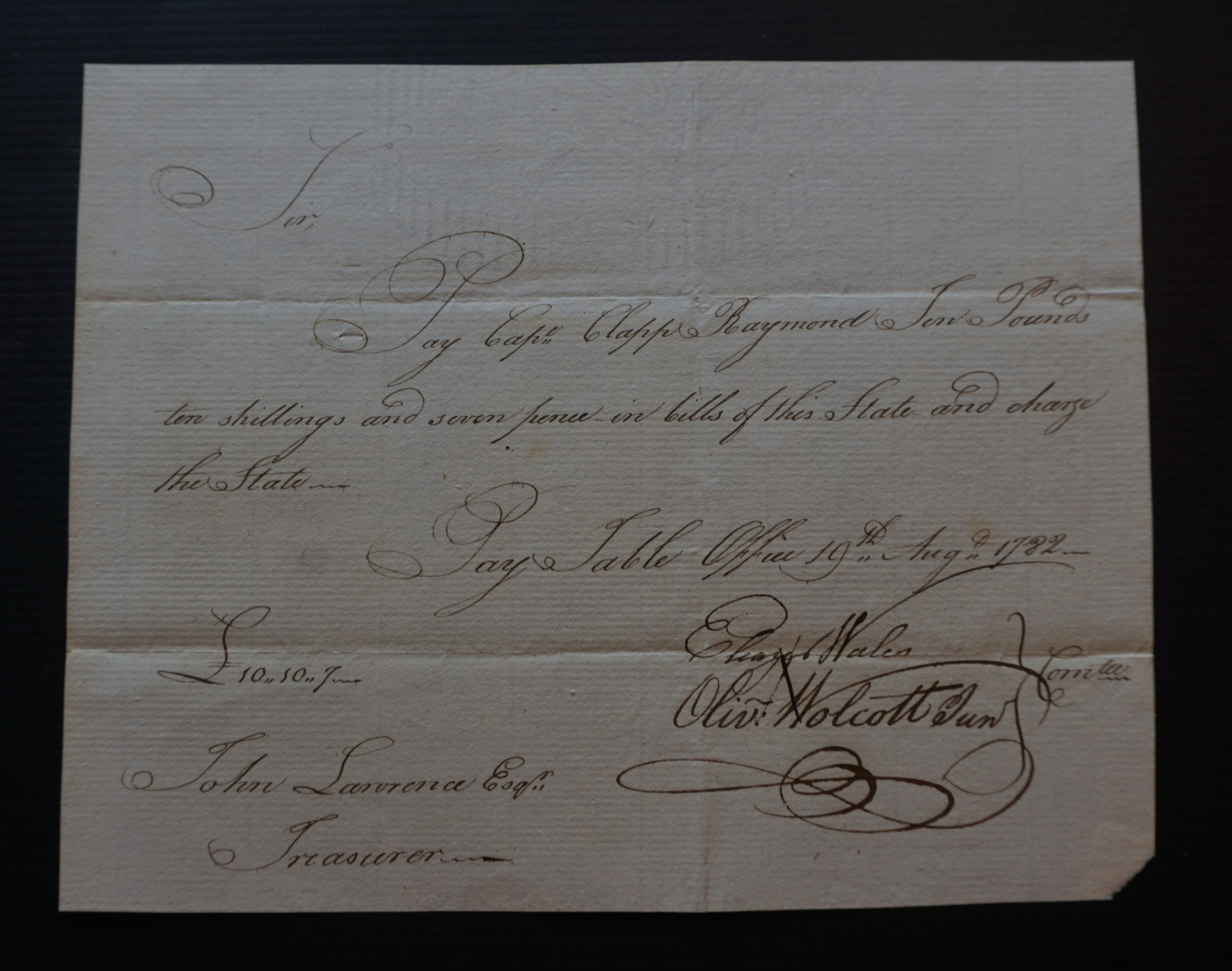 Aug 19, 1782  Hand Written CT Colonial Note Capt Clapp Raymond