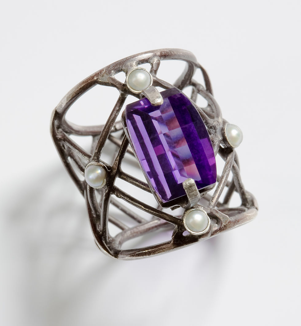 Silver ring with purple gemstone, pearl accents, RC Studio Jewelry.