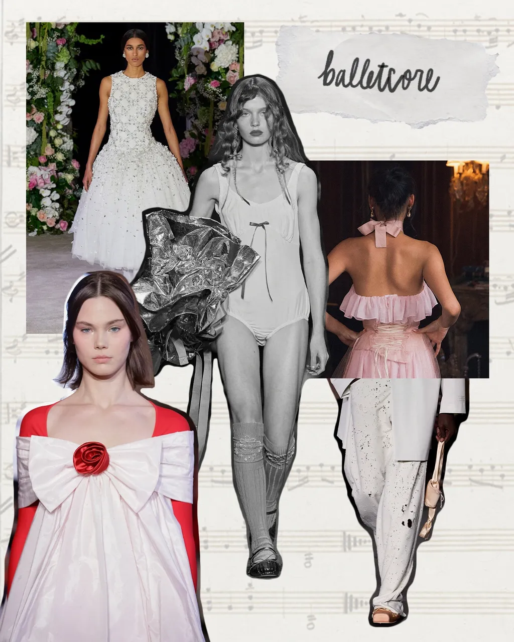 Collage of models wearing ballet-inspired garments.