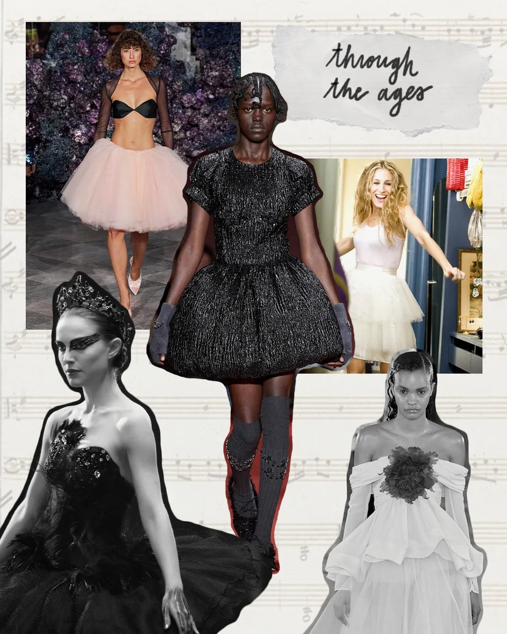Collage of models wearing ballet-inspired garments.