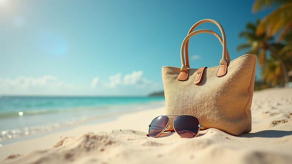 Close-up view of a beach bag and sunglasses on sand