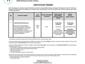 REQUEST FOR QUOTATION KERJA-KERJA PENUKARAN FLASHING AWNING TINGKAP DI KOLEJ KEDIAMAN 1 (KK1) DAN KOLEJ KEDIAMAN 3 (KK3) UNIVERSITI MALAYSIA PAHANG AL-SULTAN ABDULLAH (UMPSA) KAMPUS GAMBANG