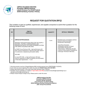 REQUEST FOR QUOTATION (RFQ) - FOR THE SUPPLY, DELIVERY, TESTING, COMMISSIONING AND DEMONSTRATION OF 3D LASER SCANNING SYSTEM FOR UMPSA HOLDINGS SDN. BHD.