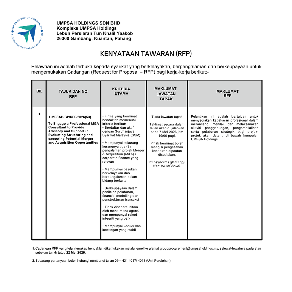 REQUEST FOR PROPOSAL (RFP) - Professional M&A Consultant to Provide Advisory and Support in Evaluating Structuring and executing Potential Merger and Acquisition Opportunities