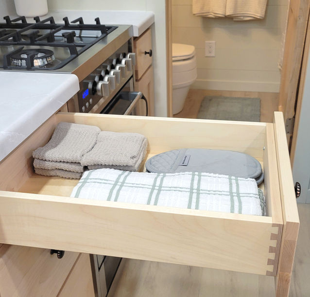 Maple cabinets, maple tiny house cabinets, tiny kitchen, custom tiny house build