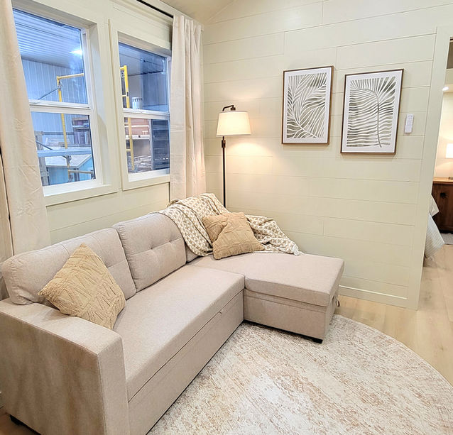 Tiny home living space, convertible couch, round rug by couch, neutral decor, green leaf art, beautiful lighting