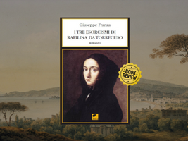Dipinto di paesaggio con copertina del libro I tre esorcismi di Raffilina da Torrecuso