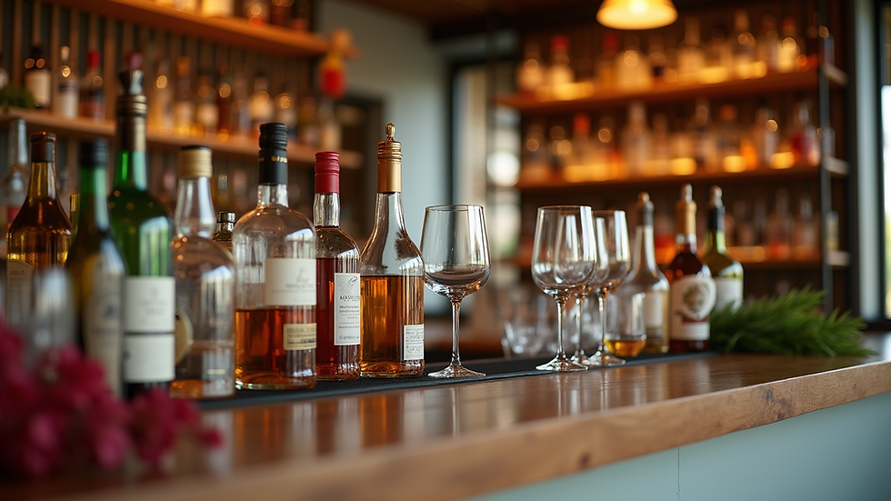 Eye-level view of a stylish wedding bar setup with bottles and glasses