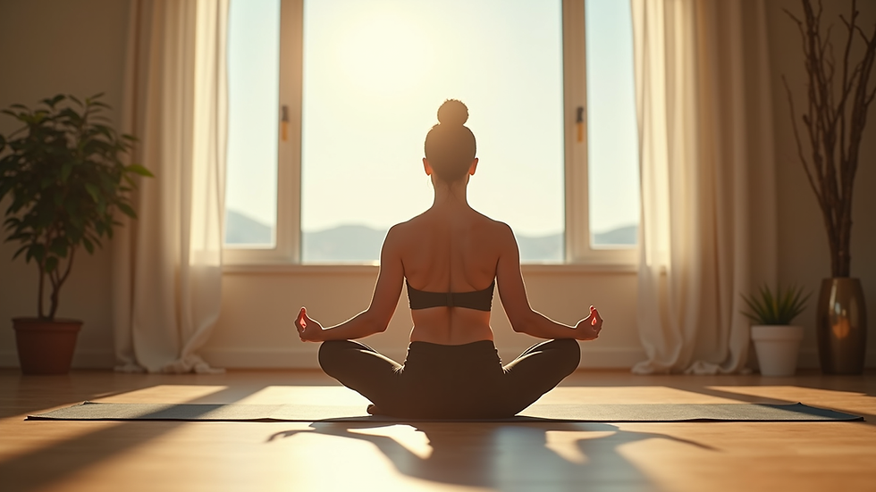 Eye-level view of a person practicing yoga in a serene environment