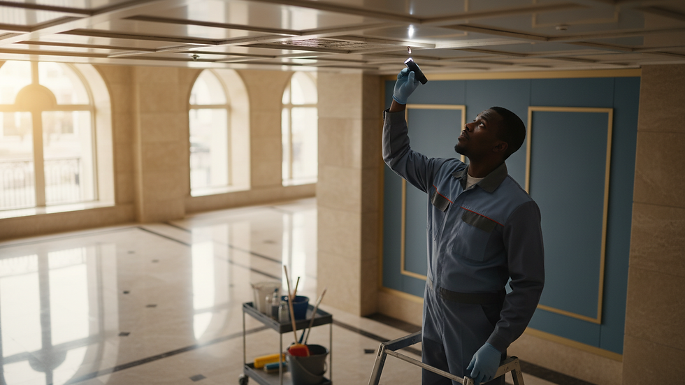 High angle view of a janitor inspecting a ceiling vent for maintenance issues