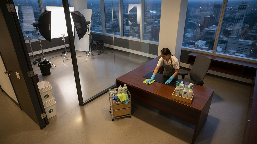 High angle view of a cleaning professional using eco-friendly products on office surfaces