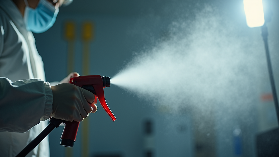 Close-up view of electrostatic sprayer nozzle applying disinfectant