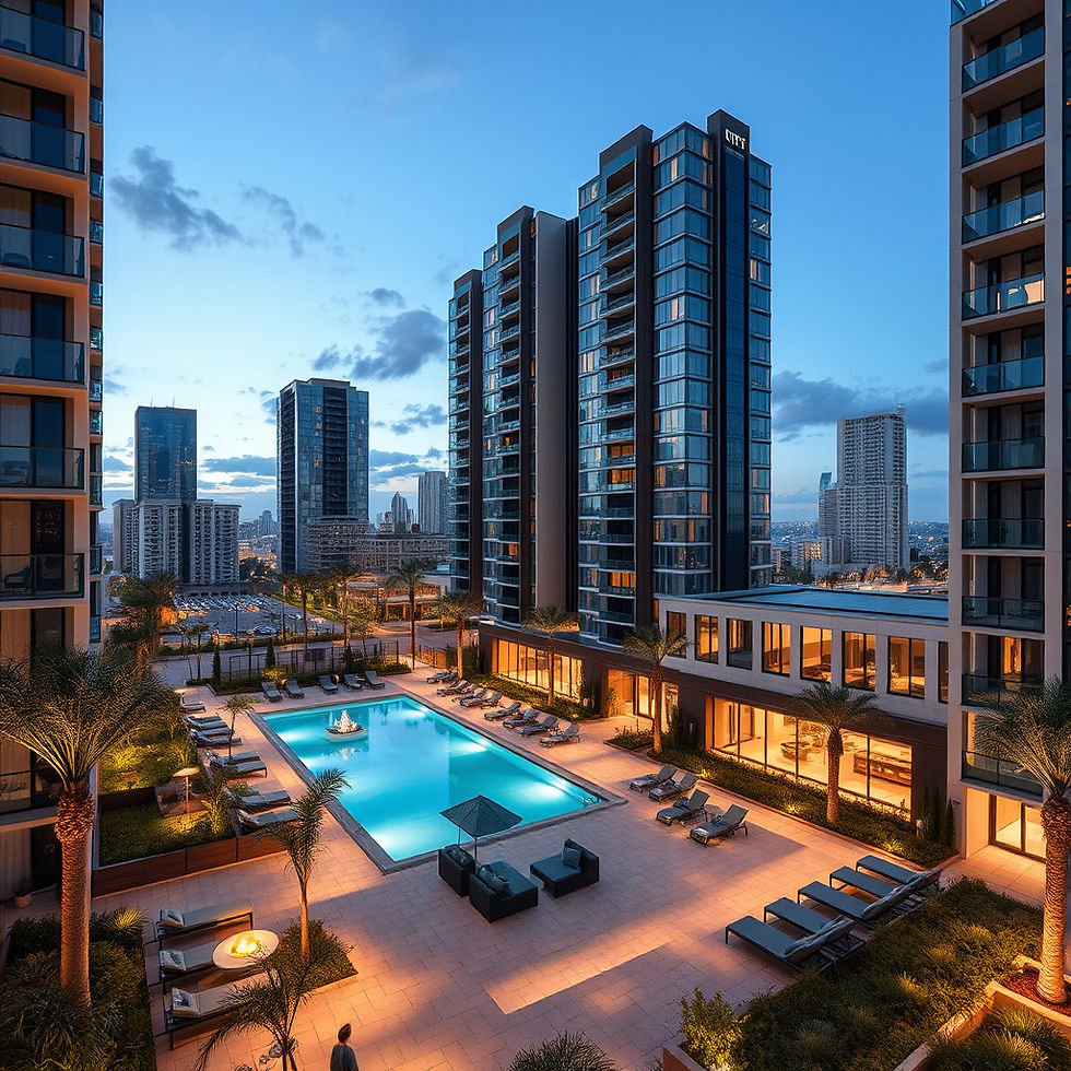 High angle view of a clean and well-maintained luxury apartment complex courtyard