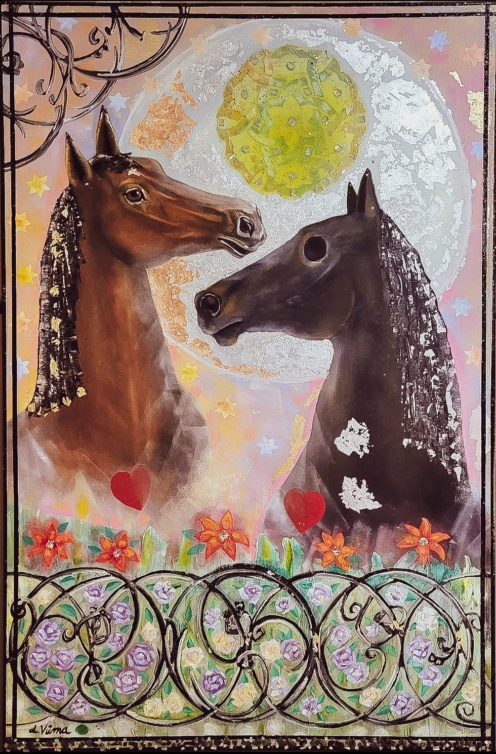 Two horses with flowing manes face each other under a bright moon. Red hearts and colorful flowers surround them, creating a mystical vibe. Celestial Dance
