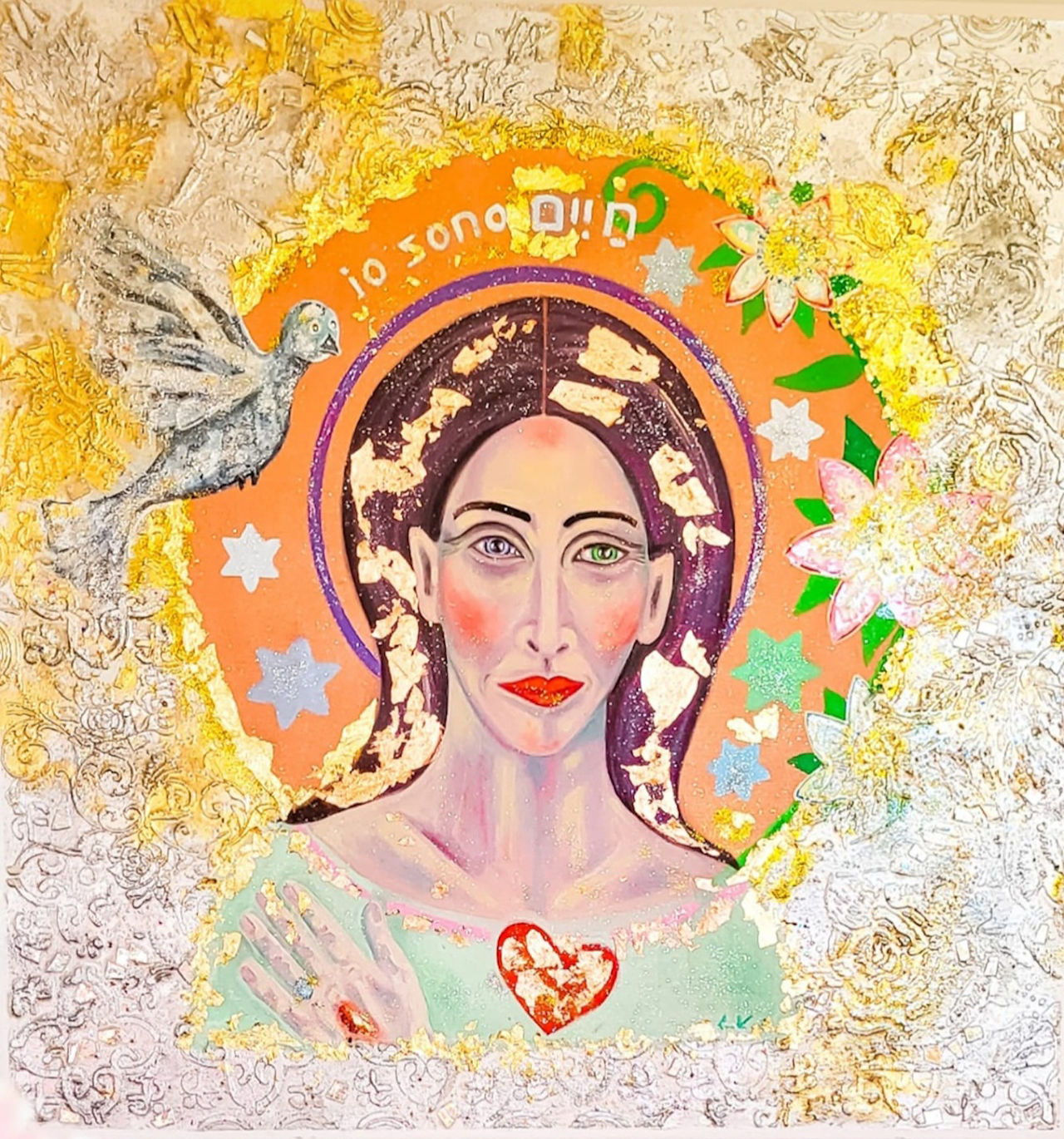 Sacred art, modern icon. Gloving beautiful face with golden aura and silvery riza