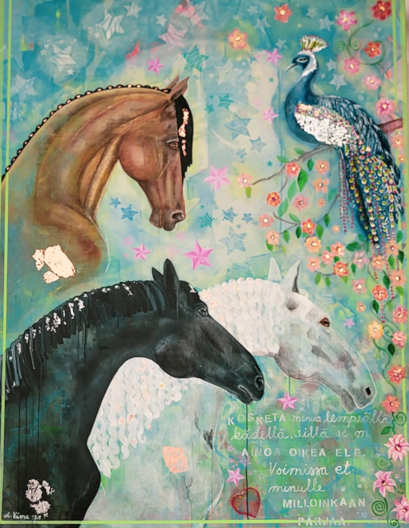 Three n´horses: brown, black and white with a peacock and a large moon and stars