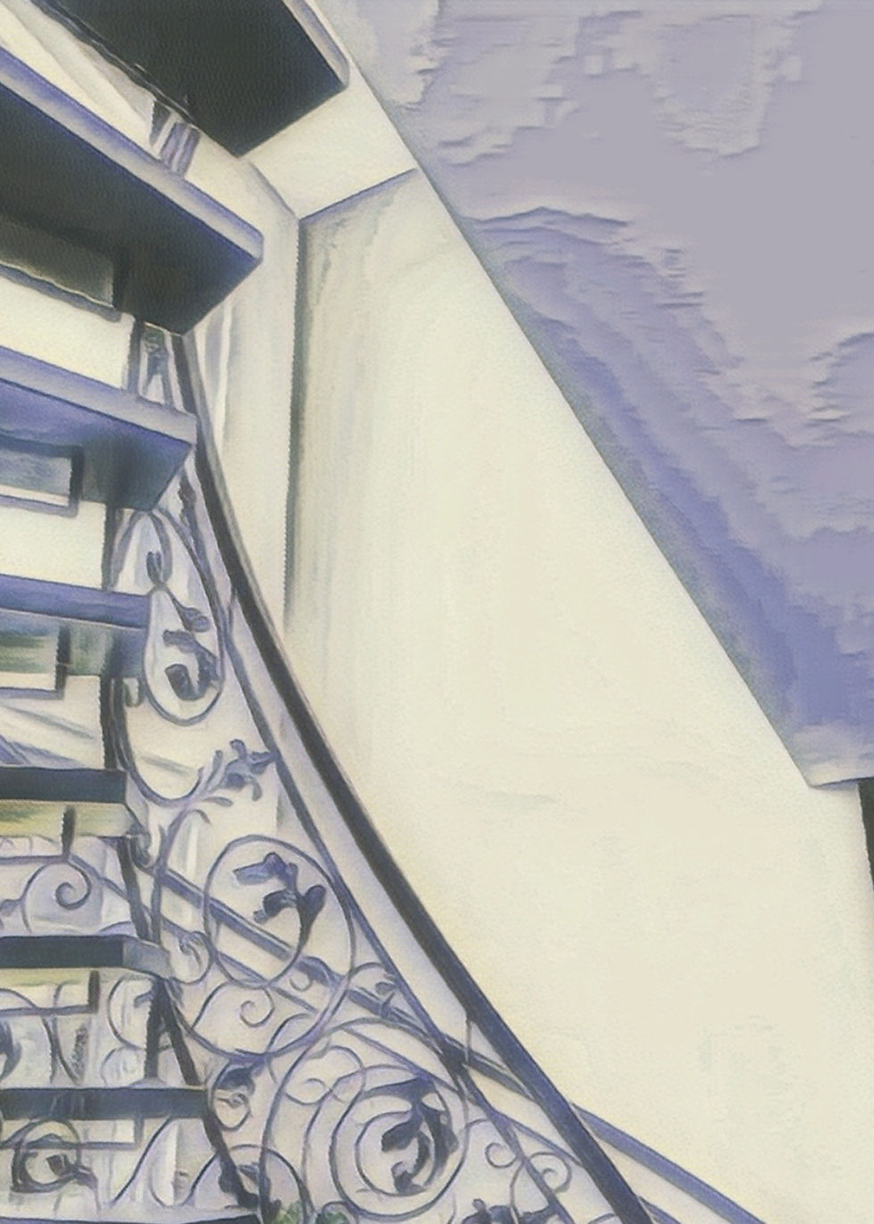 Close-up of a spiral staircase with ornate iron railings. The setting is indoors; soft purple and cream hues create a calm atmosphere. I have modified the original pic to give a hint of the real one.