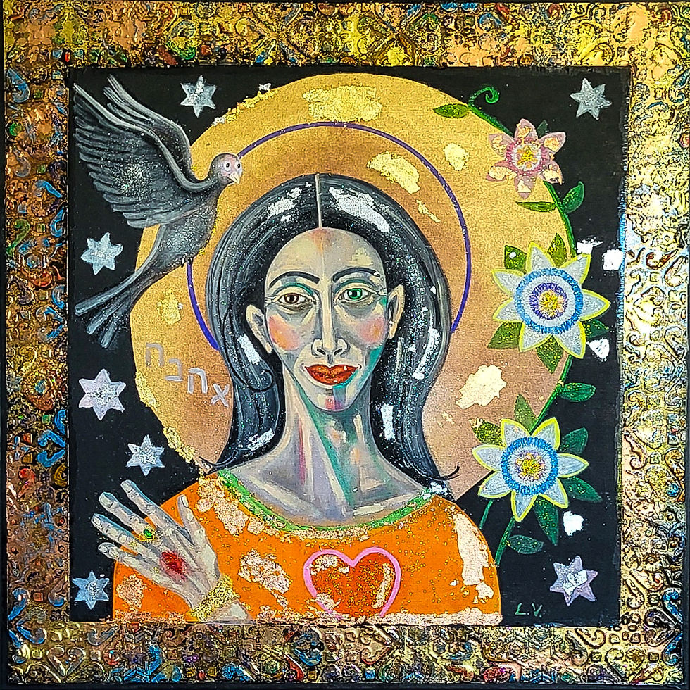 A vibrant painting depicts a serene Christ with dark hair, adorned in an orange top. A bird and flowers surround her, with golden accents. A fragrance of Byzantine era, a modern icon