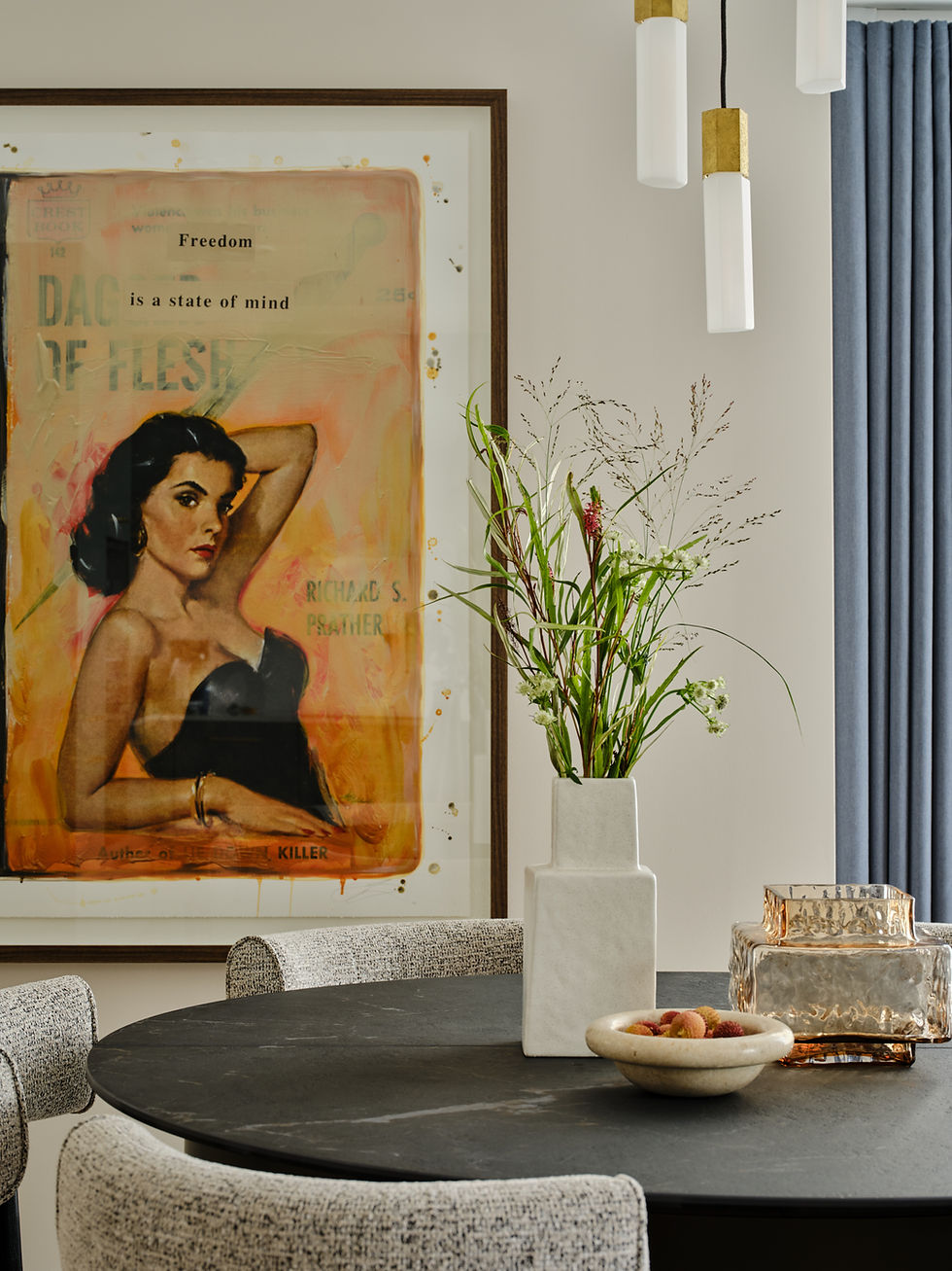 Conor Brothers' artwork, bespoke interior design, dining table marble, upholstered dining chairs grey, luxury interiors