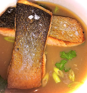 Crispy skin salmon in thai broth