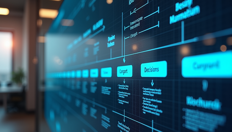 Eye-level view of a digital workflow map displayed on a large screen